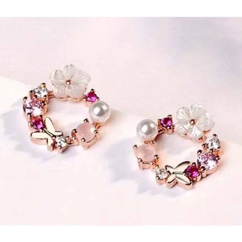 🆕 Cubic Zirconia Elegant Rose Gold Pink Flower Stud Earrings